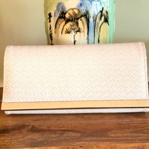 Elegant White Clutch and Organizer with Gold Accent. Herringbone Pattern.